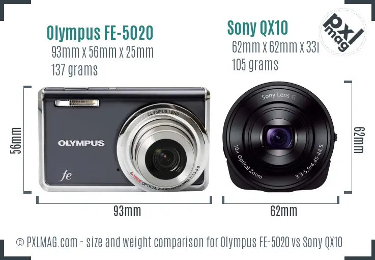 Olympus FE-5020 vs Sony QX10 size comparison