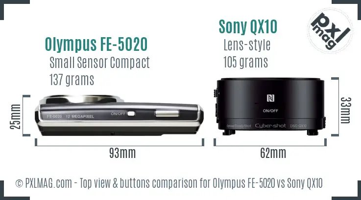 Olympus FE-5020 vs Sony QX10 top view buttons comparison