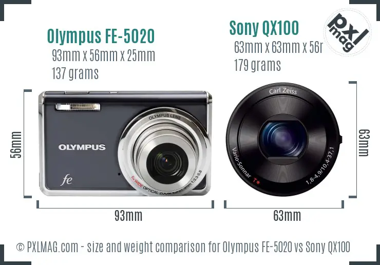Olympus FE-5020 vs Sony QX100 size comparison