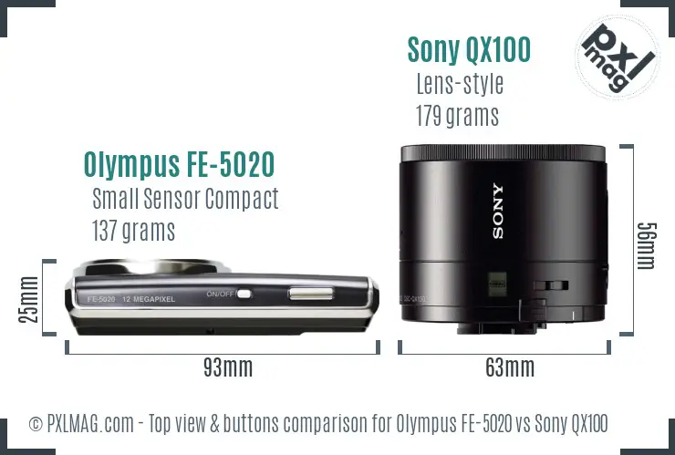 Olympus FE-5020 vs Sony QX100 top view buttons comparison