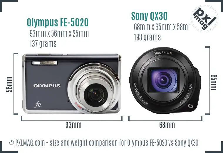 Olympus FE-5020 vs Sony QX30 size comparison