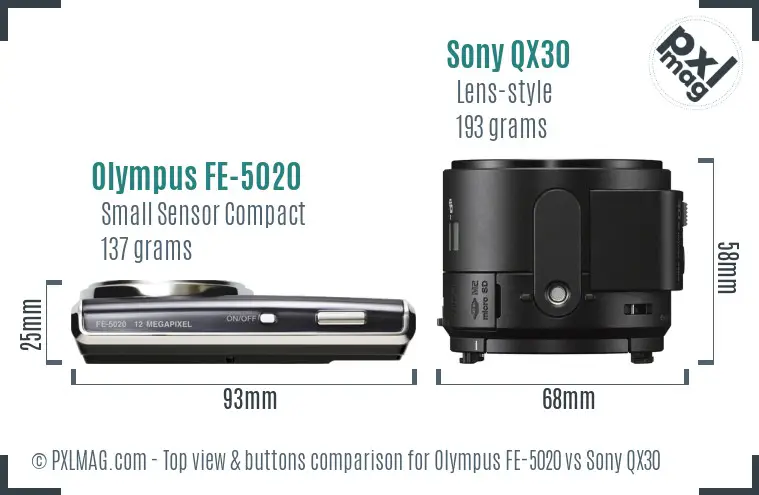 Olympus FE-5020 vs Sony QX30 top view buttons comparison