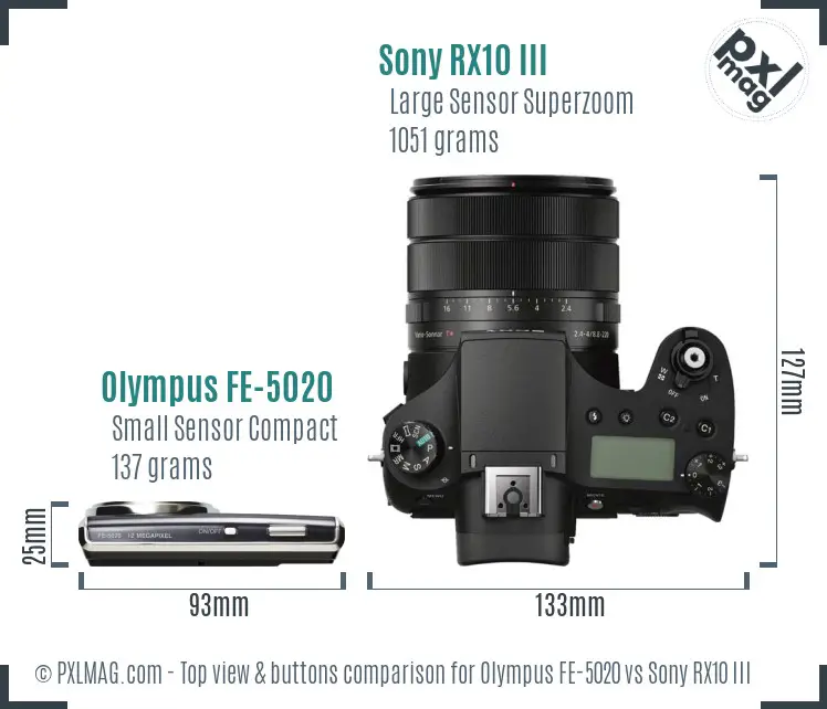 Olympus FE-5020 vs Sony RX10 III top view buttons comparison