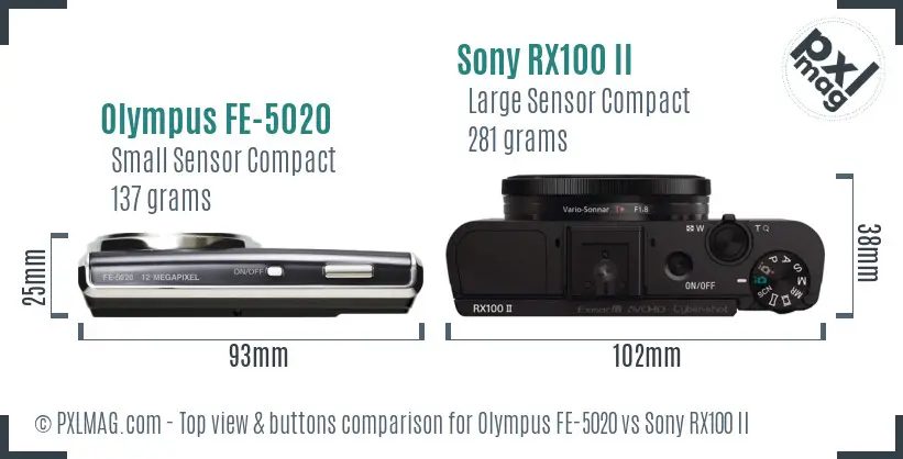 Olympus FE-5020 vs Sony RX100 II top view buttons comparison