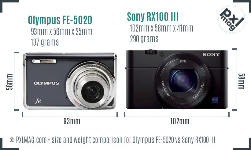 Olympus FE-5020 vs Sony RX100 III size comparison