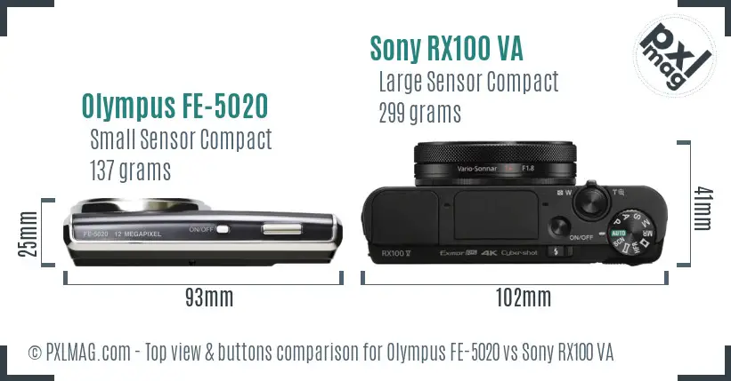 Top view design and control layout comparison between Olympus FE-5020 and Sony RX100 VA