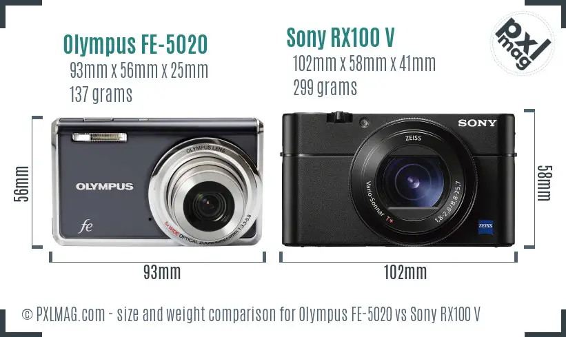 Olympus FE-5020 vs Sony RX100 V size comparison