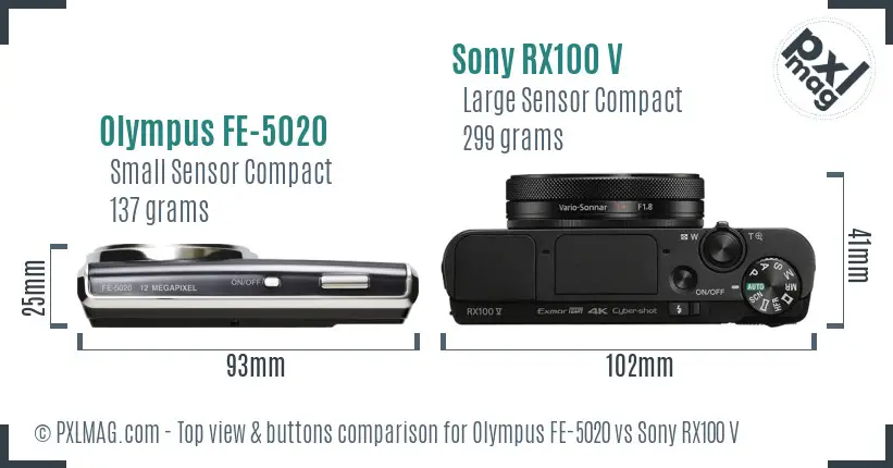 Olympus FE-5020 vs Sony RX100 V top view buttons comparison