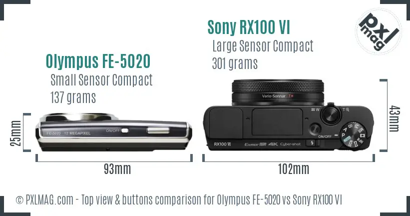 Olympus FE-5020 vs Sony RX100 VI top view buttons comparison Olympus FE-5020 vs Sony RX100 VI top view buttons comparison