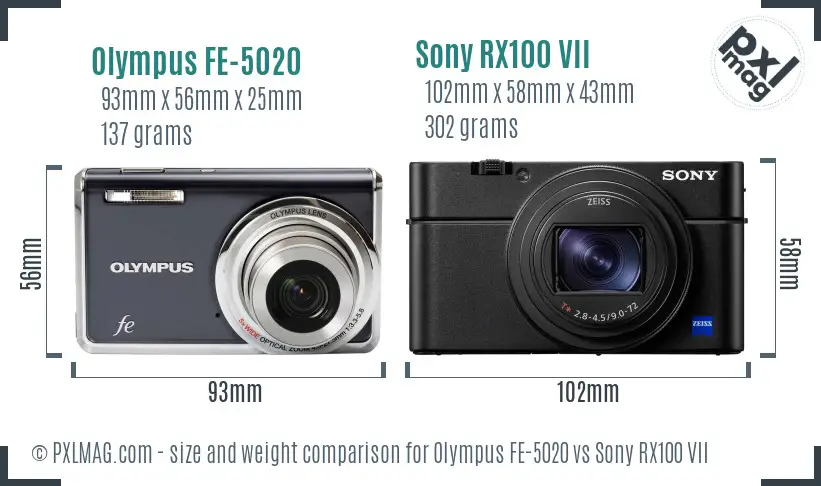 Olympus FE-5020 vs Sony RX100 VII size comparison