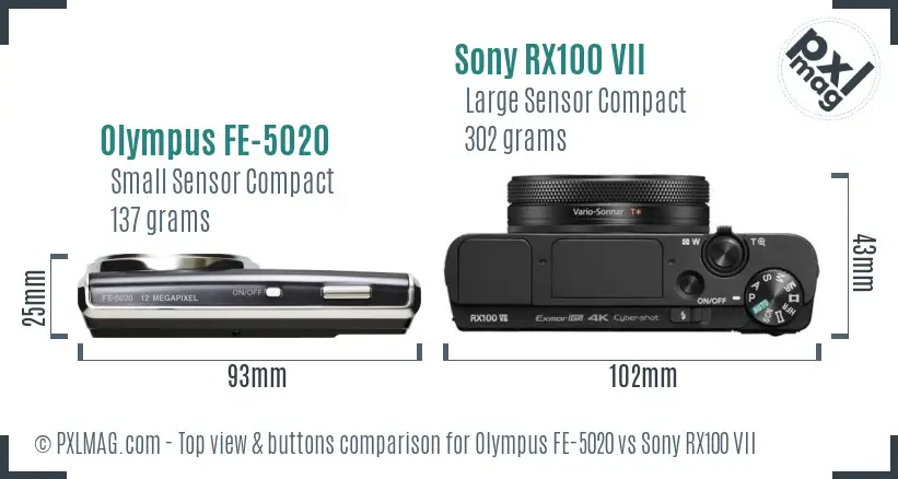 Olympus FE-5020 vs Sony RX100 VII top view buttons comparison