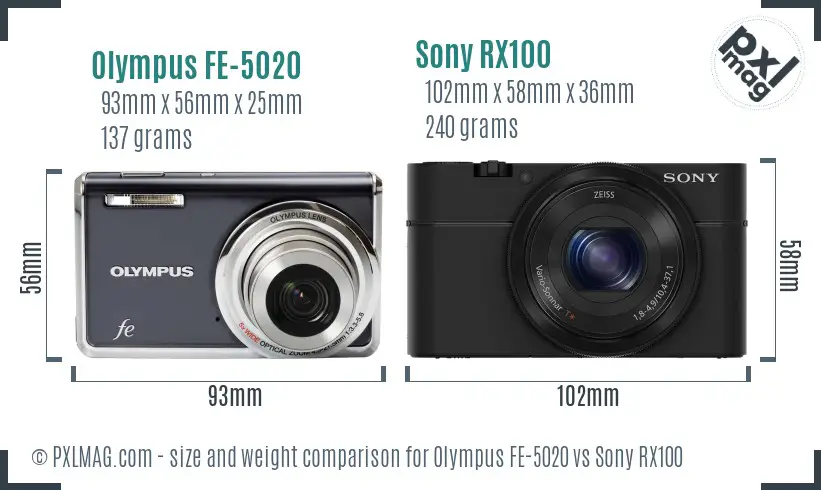 Olympus FE-5020 vs Sony RX100 size comparison