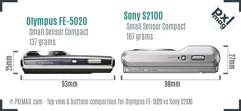 Olympus FE-5020 vs Sony S2100 top view buttons comparison Olympus FE-5020 vs Sony S2100 top view buttons comparison