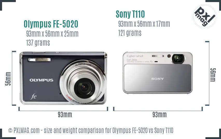 Olympus FE-5020 vs Sony T110 size comparison