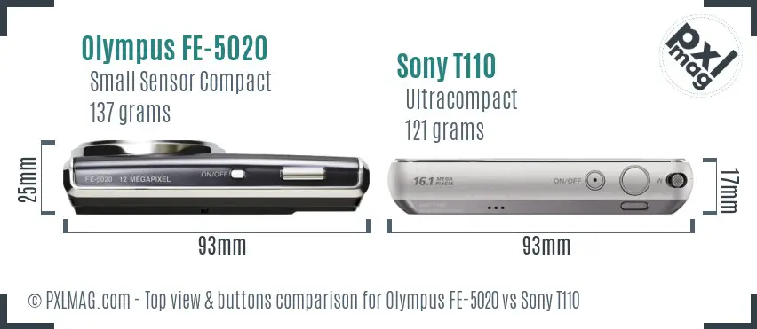 Olympus FE-5020 vs Sony T110 top view buttons comparison