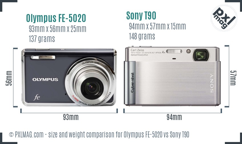 Olympus FE-5020 vs Sony T90 size comparison