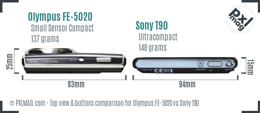 Olympus FE-5020 vs Sony T90 top view buttons comparison