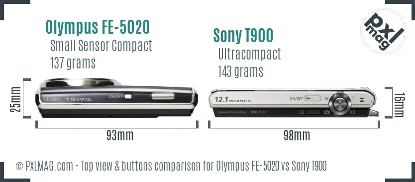 Olympus FE-5020 vs Sony T900 top view buttons comparison