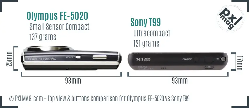 Olympus FE-5020 vs Sony T99 top view buttons comparison