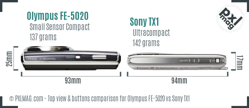 Olympus FE-5020 vs Sony TX1 top view buttons comparison Olympus FE-5020 vs Sony TX1 top view buttons comparison