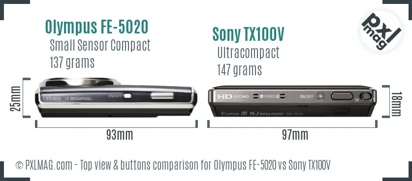 Olympus FE-5020 vs Sony TX100V top view buttons comparison