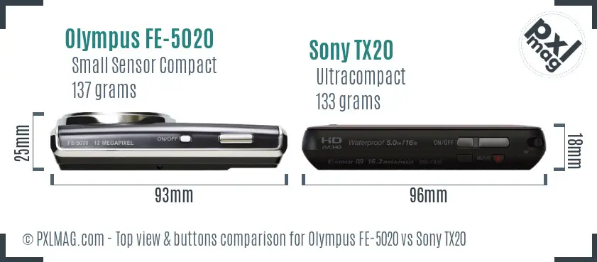 Olympus FE-5020 vs Sony TX20 top view buttons comparison