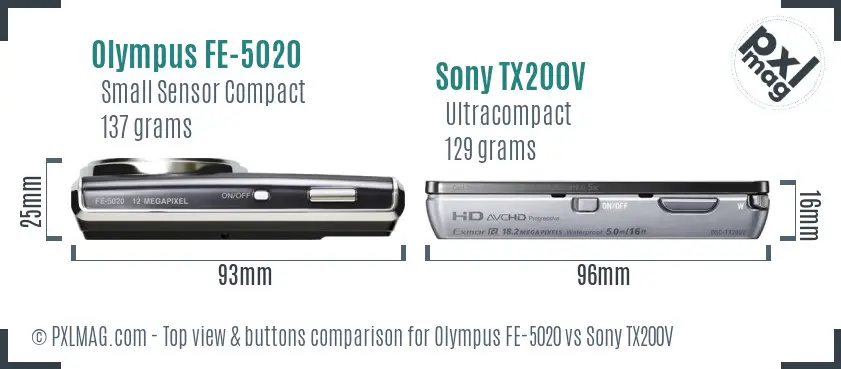 Olympus FE-5020 vs Sony TX200V top view buttons comparison