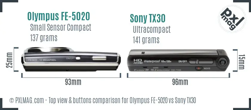 Olympus FE-5020 vs Sony TX30 top view buttons comparison