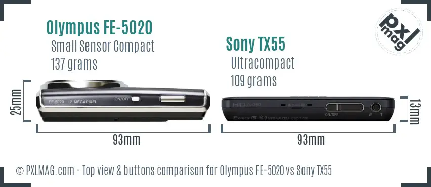 Olympus FE-5020 vs Sony TX55 top view buttons comparison Olympus FE-5020 vs Sony TX55 top view buttons comparison