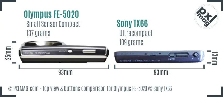 Olympus FE-5020 vs Sony TX66 top view buttons comparison