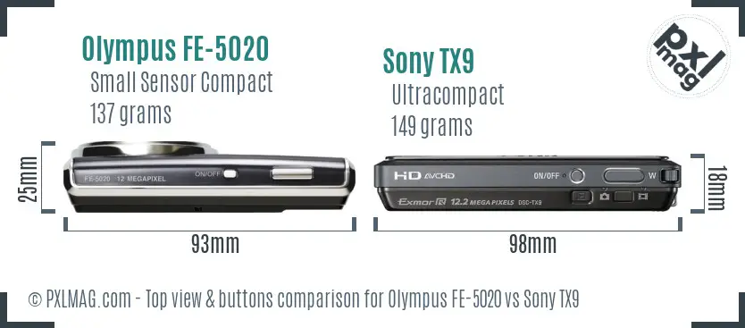 Olympus FE-5020 vs Sony TX9 top view buttons comparison Olympus FE-5020 vs Sony TX9 top view buttons comparison