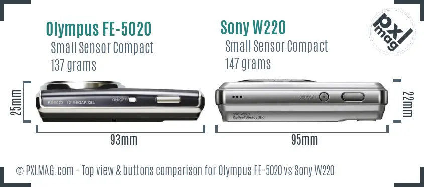 Olympus FE-5020 vs Sony W220 top view buttons comparison