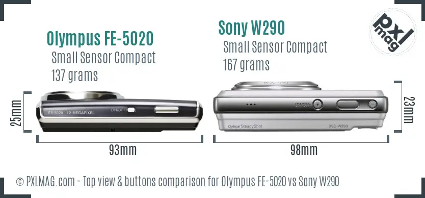 Olympus FE-5020 vs Sony W290 top view buttons comparison