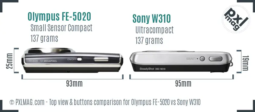 Olympus FE-5020 vs Sony W310 top view buttons comparison