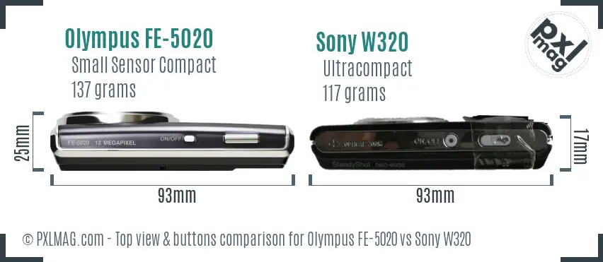 Olympus FE-5020 vs Sony W320 top view buttons comparison