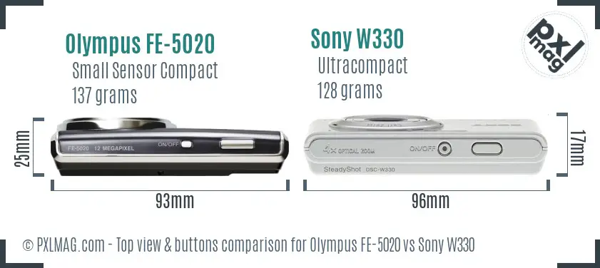 Olympus FE-5020 vs Sony W330 top view buttons comparison