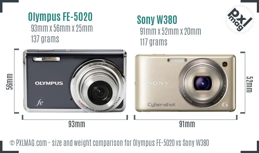 Olympus FE-5020 vs Sony W380 size comparison