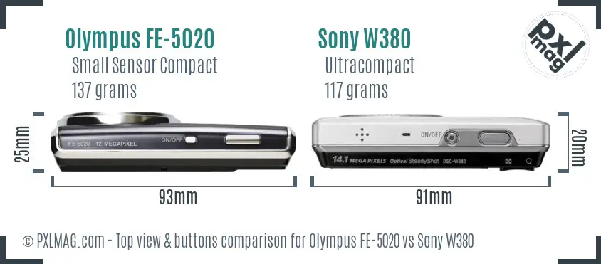 Olympus FE-5020 vs Sony W380 top view buttons comparison