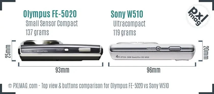 Olympus FE-5020 vs Sony W510 top view buttons comparison
