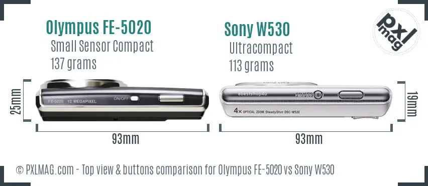 Olympus FE-5020 vs Sony W530 top view buttons comparison