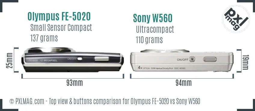 Olympus FE-5020 vs Sony W560 top view buttons comparison