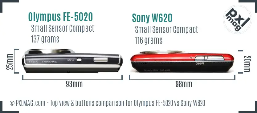 Olympus FE-5020 vs Sony W620 top view buttons comparison