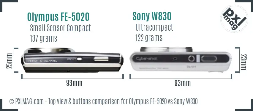Olympus FE-5020 vs Sony W830 top view buttons comparison