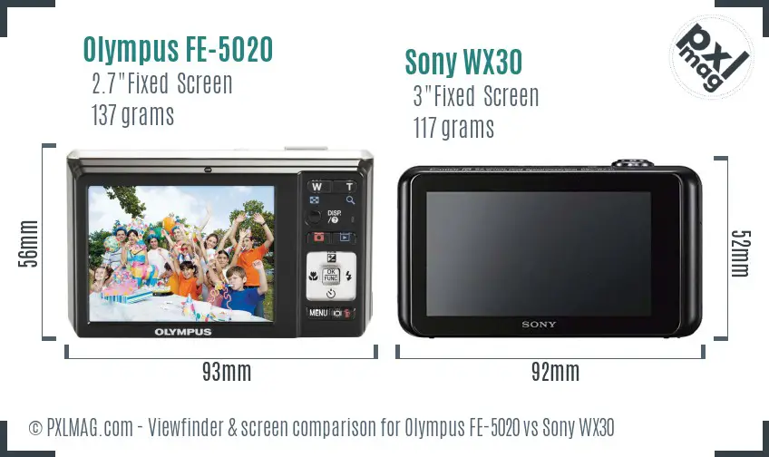 Olympus FE-5020 vs Sony WX30 Screen and Viewfinder comparison