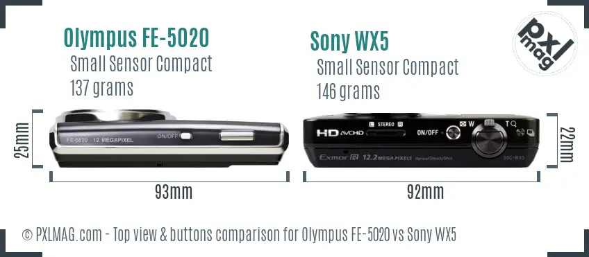 Olympus FE-5020 vs Sony WX5 top view buttons comparison