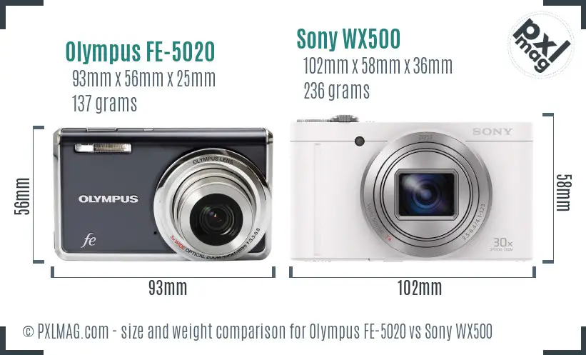 Olympus FE-5020 vs Sony WX500 size comparison