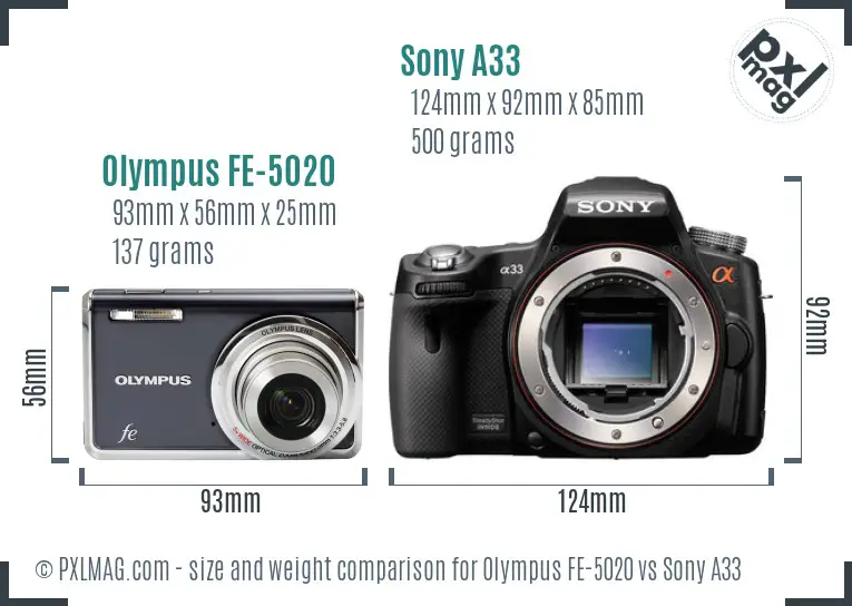 Olympus FE-5020 vs Sony A33 size comparison