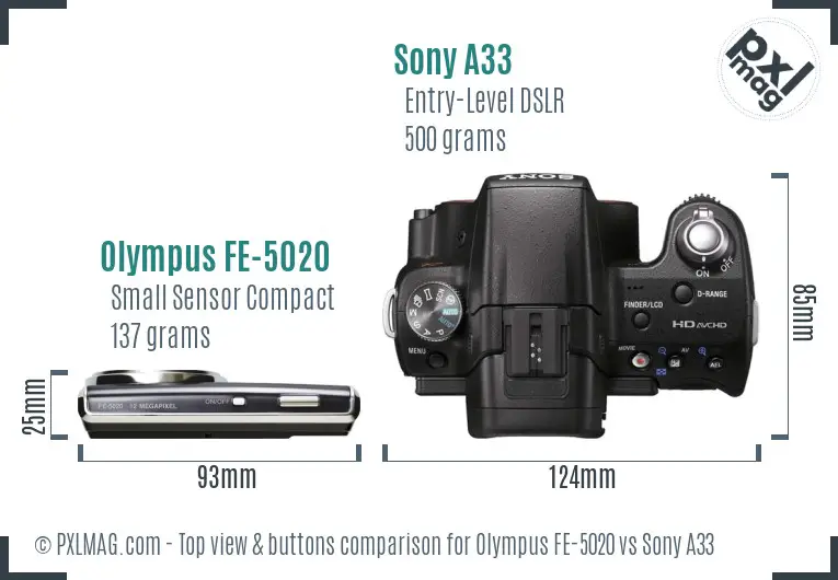 Olympus FE-5020 vs Sony A33 top view buttons comparison