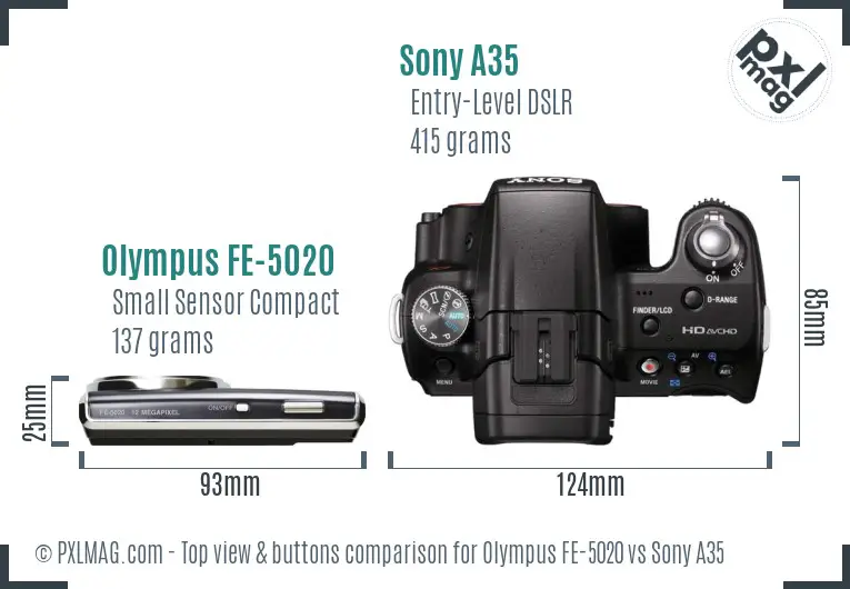 Olympus FE-5020 vs Sony A35 top view buttons comparison