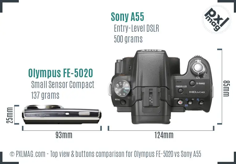 Olympus FE-5020 vs Sony A55 top view buttons comparison